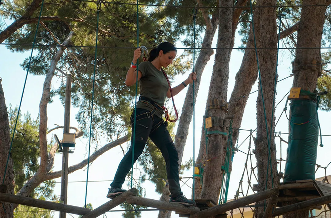 Adults on the adventure circuit in Salou — zip lines up to 80 metres and heights up to 10 metres